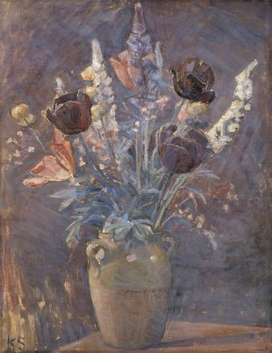 Lervase Med Tulipaner Og Andre Blomster by Karl Schou Oil Painting