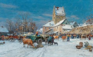 A Market Scene in Winter Oil painting by Karl Stuhlmuller