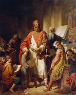Charlemagne rebukes the careless students by Karl Von Blaas Oil Painting