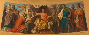 Olskizze fur die Fresken in der Ruhmeshalle des Arsenals; Friedrich Barbarossa belehnt Heinrich Jasomirgott und Heinrich den LOwen by Karl Von Blaas Oil Painting