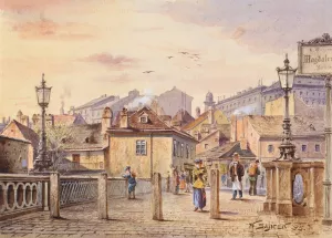 Die Magdalenenbrucke uber den Wienfluss Oil painting by Karl Wenzel Zajicek