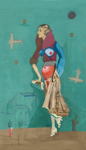 Frau, zwei Flugzeuge, Bomben by Karl Wiener Oil Painting