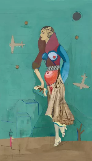 Frau, zwei Flugzeuge, Bomben by Karl Wiener Oil Painting