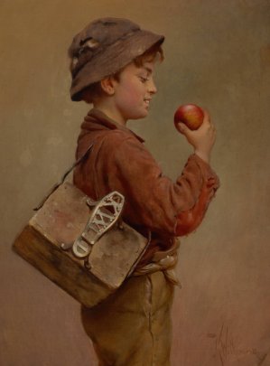 Boy with an Apple by Karl Witkowski Oil Painting