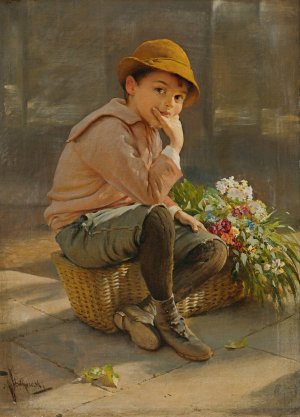 Guarding The Flower Basket by Karl Witkowski Oil Painting