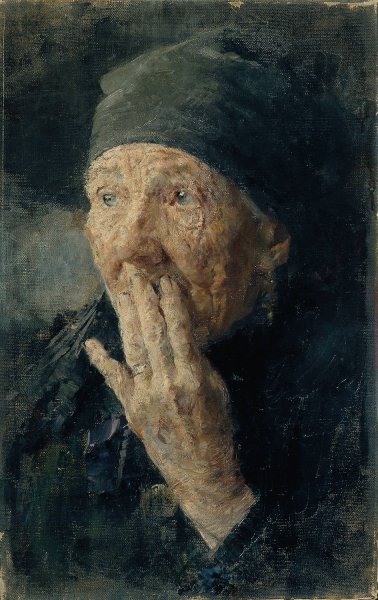 Main Product Photo of Kopf einer alten Frau mit der Hand am Mund Painting by Karoline Kubin
