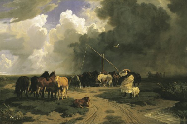 Main Product Photo of Horses in a Rainstorm  Painting by Karoly Lotz