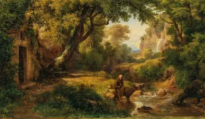 Flusslandschaft mit angelndem MOnch by Karoly Marko Oil Painting