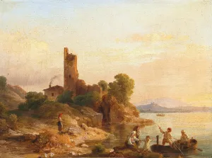 Italian Landscape with Fishermen on the Lake by Karoly Marko Oil Painting