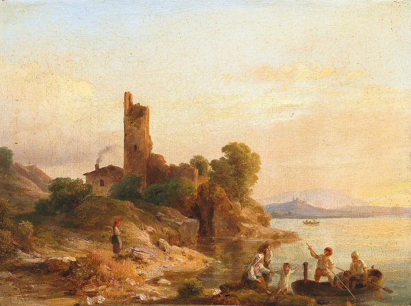 Italian Landscape with Fishermen on the Lake  by Karoly Marko - Hand-Painted Oil Painting Reproduction