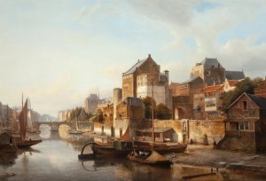 A view of a town by a river by Kasparus Karsen Oil Painting