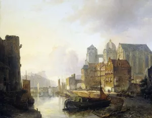 Imaginary View of a Riverside Town with Aachen Cathedral by Kasparus Karsen Oil Painting