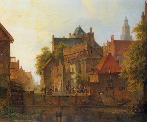 View of a Town with a Blacksmith at Work on a Quay