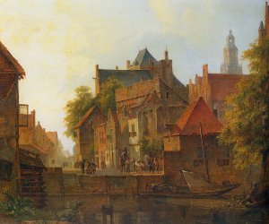 View of a Town with a Blacksmith at Work on a Quay by Kasparus Karsen Oil Painting
