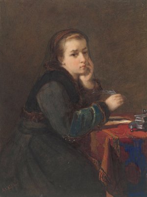 Meisje, zittend schrijvend aan een tafel by Kate Bisschop-Swift Oil Painting