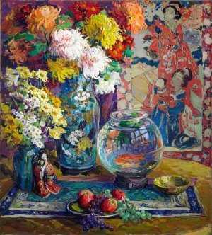 Fish, Fruits, and Flowers by Kathryn E. Cherry Oil Painting