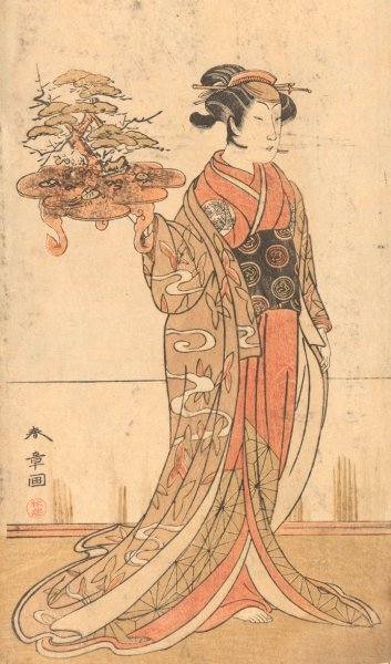 Actor Nakamura Matsuge Portraying a Young Woman Holding a Pot Containing a Dwarf Tree  by Katsukawa Shuncho - Hand-Painted Oil Painting Reproduction