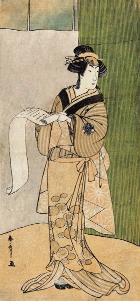 Tall Actor as a Woman Reading a Letter by Bamboo Screen by Katsukawa Shuncho Oil Painting