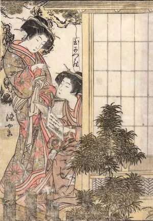 Two Women of the Greenhouses with a Book of Poems by Katsukawa Shuncho Oil Painting