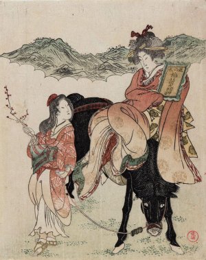 Woman on Horse with an Attendant by Katsukawa Shuncho Oil Painting