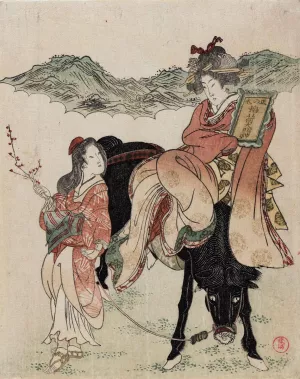 Woman on Horse with an Attendant by Katsukawa Shuncho Oil Painting