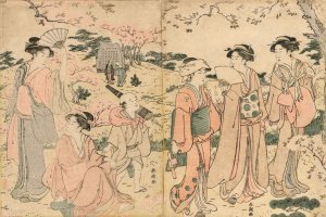 Women Viewing Cherry Blossoms at Asukayama by Katsukawa Shuncho Oil Painting