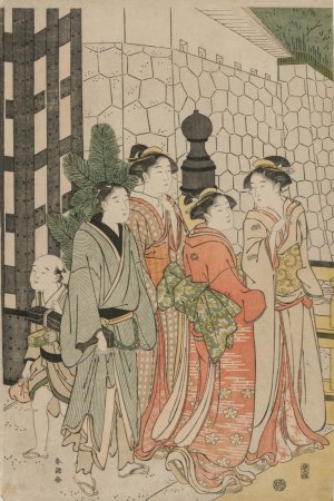 Young Man and Women on Tokiwa Bridge by Katsukawa Shuncho Oil Painting