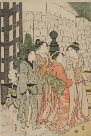 Young Man and Women on Tokiwa Bridge by Katsukawa Shuncho Oil Painting