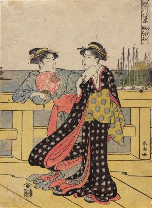 Young Women Enjoying the Fresh Air of the Evening on the Bridge by Katsukawa Shuncho Oil Painting