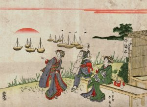 Two Women with Man Watching Sun Rise over Shinagawa Bay by Katsukawa Shunsen Oil Painting