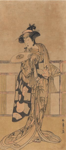 One of the Segawas in a Bamboo Robe Tied with Black, Brocaded in Rose Colored Fan Forms by Katsukawa Shunsho Oil Painting