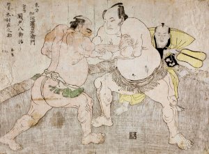 Wrestlers Kajigahama Rikiemon of the Eastern Group and Sekinoto Hachiroji of the Edo tea, with the Umpire Kimura Shonosuke by Katsukawa Shunsho Oil Painting