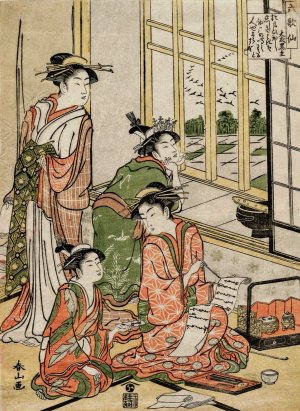 Courtesans at Leisure from the series 'The Six Immortal Poets' by Katsukawa Shunzan Oil Painting