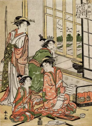 Courtesans at Leisure from the series 'The Six Immortal Poets' by Katsukawa Shunzan Oil Painting