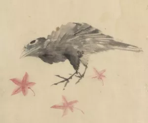 A bird, possibly crow or raven, facing left, standing among leaves with head cocked as though looking closely or listening by Katsushika Hokusai Oil Painting