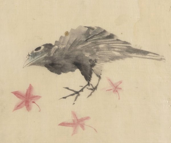 A bird, possibly crow or raven, facing left, standing among leaves with head cocked as though looking closely or listening  by Katsushika Hokusai - Hand-Painted Oil Painting Reproduction
