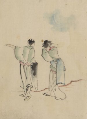 A man and a woman, seen from behind, are looking to where the man is pointing with his left arm by Katsushika Hokusai Oil Painting