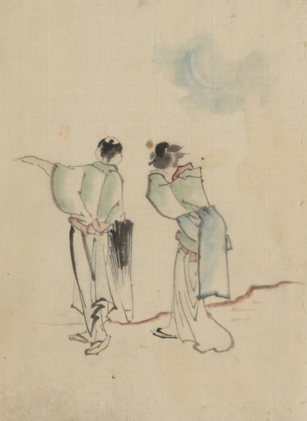 A man and a woman, seen from behind, are looking to where the man is pointing with his left arm  by Katsushika Hokusai - Hand-Painted Oil Painting Reproduction