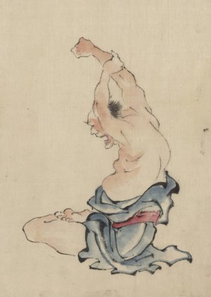 A man, bare-chested, sitting cross-legged with arms raised over his head, stretching or practicing yoga by Katsushika Hokusai Oil Painting