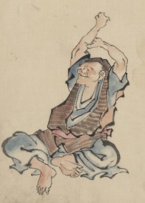 A man, facing left, wearing several layers of clothing, sitting with arms raised over his head, practicing yoga by Katsushika Hokusai Oil Painting