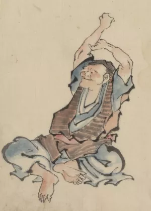 A man, facing left, wearing several layers of clothing, sitting with arms raised over his head, practicing yoga by Katsushika Hokusai Oil Painting