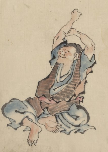 A man, facing left, wearing several layers of clothing, sitting with arms raised over his head, practicing yoga  by Katsushika Hokusai - Hand-Painted Oil Painting Reproduction