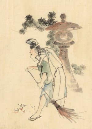 A man sweeping pine needles that have fallen from a tree near a stone shrine by Katsushika Hokusai Oil Painting