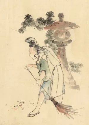 A man sweeping pine needles that have fallen from a tree near a stone shrine by Katsushika Hokusai Oil Painting