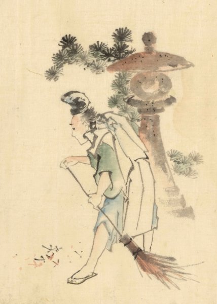 A man sweeping pine needles that have fallen from a tree near a stone shrine  by Katsushika Hokusai - Hand-Painted Oil Painting Reproduction