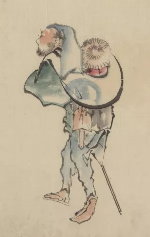A man walking to the left, with a large hat resting on his back and wearing sandals, holding a short staff possibly used to propell a boat by Katsushika Hokusai Oil Painting