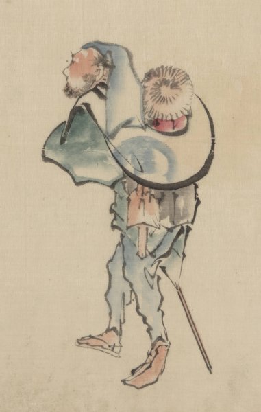 A man walking to the left, with a large hat resting on his back and wearing sandals, holding a short staff possibly used to propell a boat  by Katsushika Hokusai - Hand-Painted Oil Painting Reproduction