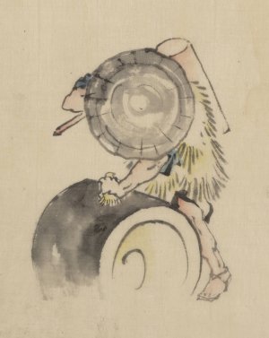 A man, wearing a large conical hat and a straw or feather garment by Katsushika Hokusai Oil Painting