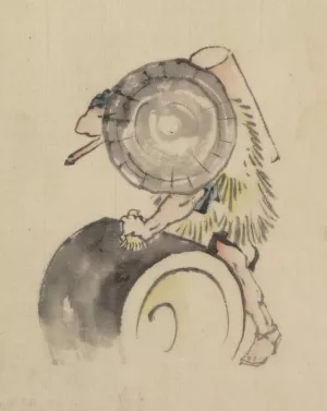 A man, wearing a large conical hat and a straw or feather garment by Katsushika Hokusai Oil Painting