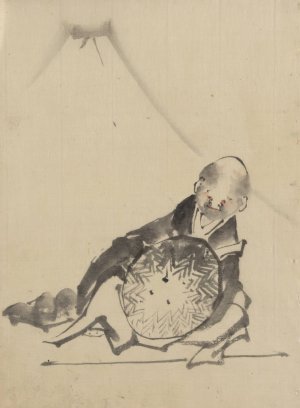 A monk reclining, holding a large conical hat in front of him, with view of Mount Fuji in the background by Katsushika Hokusai Oil Painting